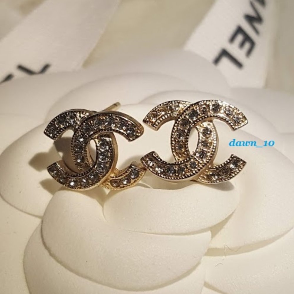 Chanel Mini Swarovski Crystal CC Earrings, Gold